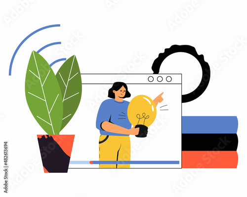 A female video blogger on the screen of a digital tablet. A woman with a light bulb in her hand, business online. Vector illustration