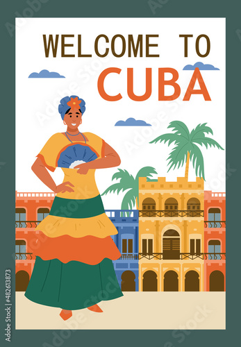 Cuba travel banner with woman in national costume, flat vector illustration.