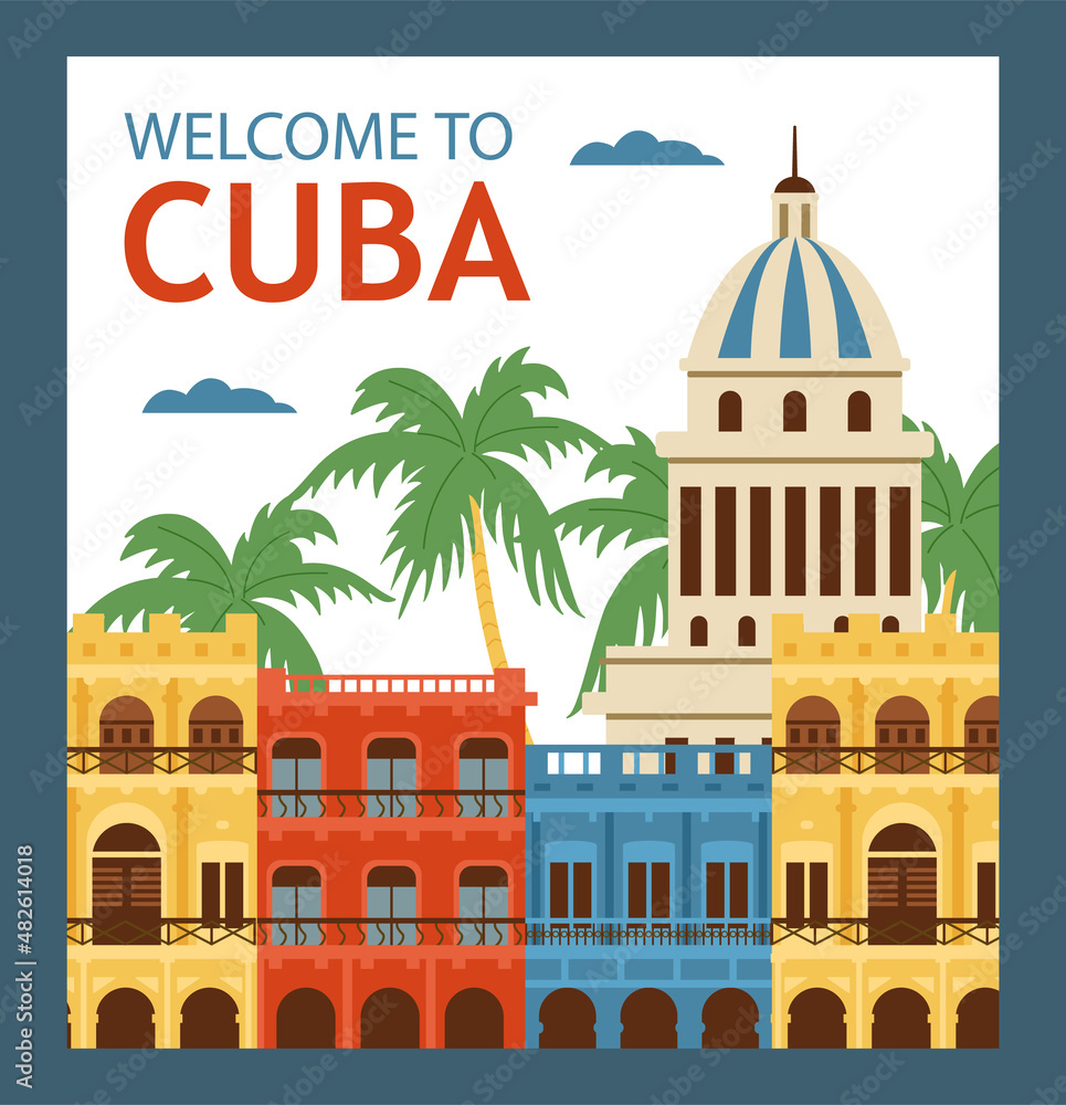 Cuba tourist card or banner for travel industry, flat vector illustration.