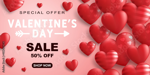Special offer Valentine's day sale banner with red 3d hearts and advertising discount text decoration. Vector illustration.