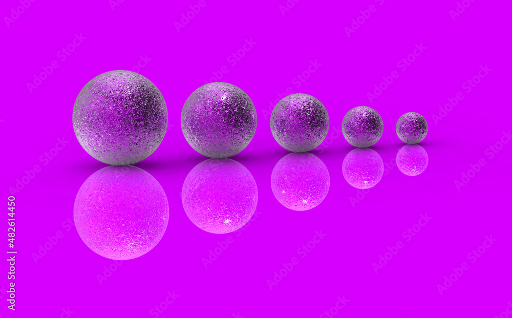 Five balls of metal of different sizes on Magenta Purple background. Growth of something. Progress. Reflection. Horizontal image. 3D image. 3D rendering. Five balls of metal of different sizes on Magenta Purple background. Growth of something. Progress. Reflection. Horizontal image. 3D image. 3D rendering.