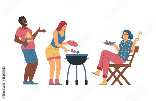 Group of friends cooking on barbecue or grill, flat vector illustration isolated on white background.