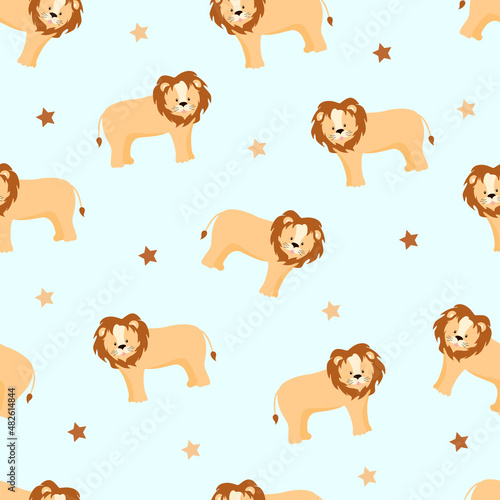 Seamless pattern lion cute cartoon, vector illustration of an African animal. Background for printing textures, clothes or packaging for children. © Elenglush