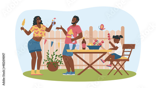 Happy family partying outside in the backyard or garden, flat vector illustration isolated on white background. © Kudryavtsev