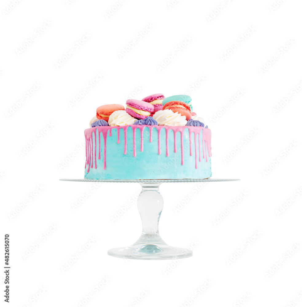 piece of cake with pink and blue decor isolated on white background piece of cake with pink and blue decor isolated on white background
