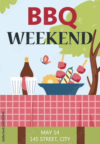 Barbecue party poster, flat vector illustration. BBQ weekend invitation template. Garden table red checked tablecloth.