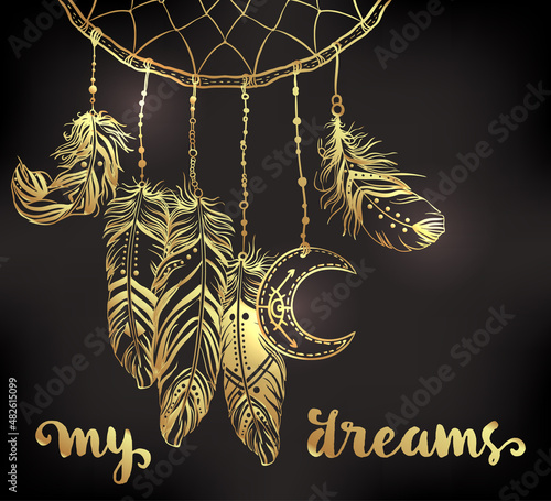 Hand drawn clip art of Native American Indian talisman dream catcher adorned with feathers and moon symbol. Vector illustration isolated on white. Lineart. Ethnic design, mystic tribal symbol.