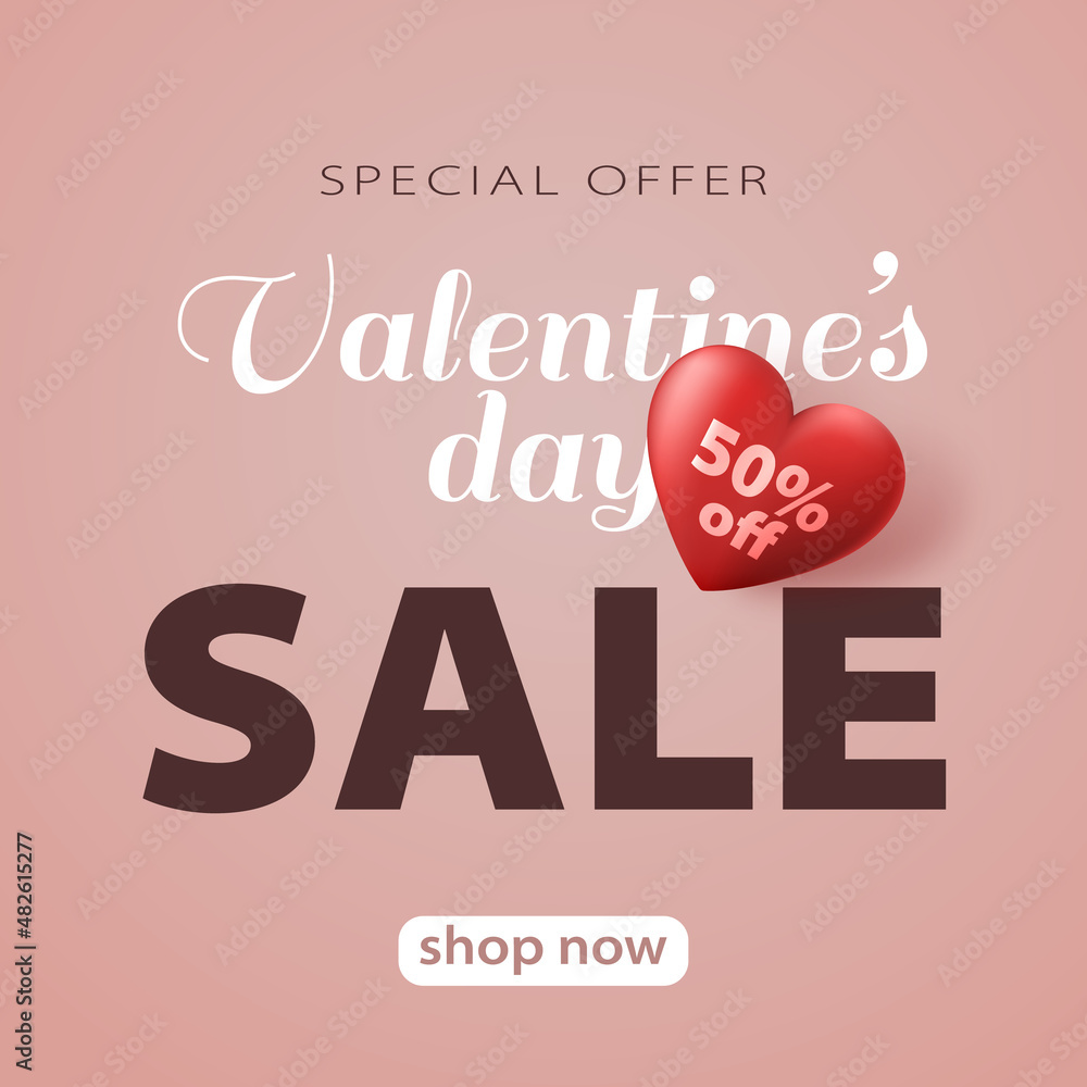 Special offer Valentine's day sale banner with red 3d heart and advertising discount text decoration. Vector illustration.