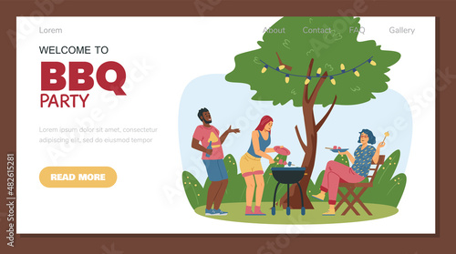 Neighbors have barbecue party outside, flat vector illustration. Woman grill food on the stick, black man laugh.