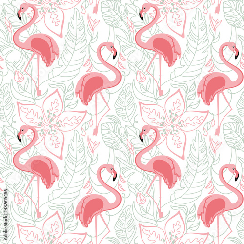 Flamingos and exotic plants. Summer print. Seamless pattern.