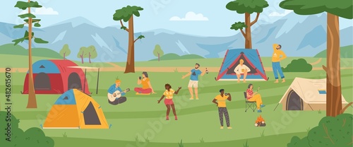 Fototapeta Naklejka Na Ścianę i Meble -  Tourists summer campground with people resting in tents, vector illustration.