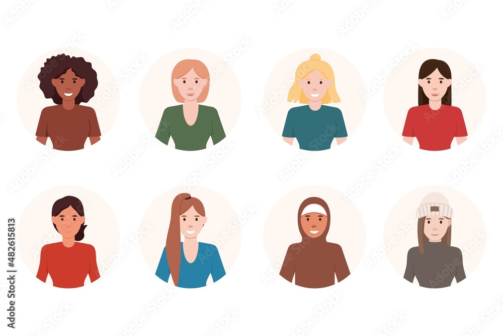 Set different person portrait of big diverse business team vector flat illustration. Collection of people avatars isolated. Bundle of joyful smiling colleagues. Woman faces at round frame Set different person portrait of big diverse business team vector flat illustration. Collection of people avatars isolated. Bundle of joyful smiling colleagues. Woman faces at round frame
