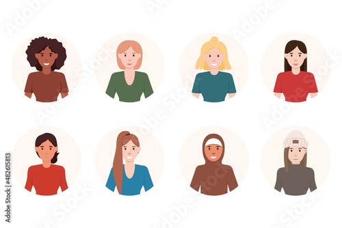 Set different person portrait of big diverse business team vector flat illustration. Collection of people avatars isolated. Bundle of joyful smiling colleagues. Woman faces at round frame