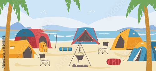 Summer tourist camping or campsite on seashore, flat vector illustration.