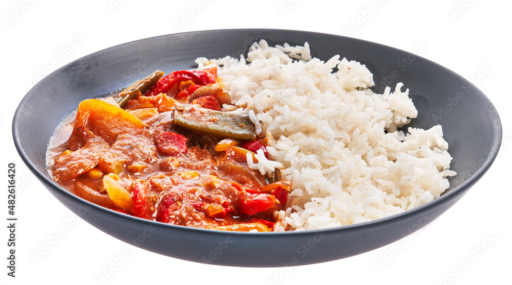  Plate of delicious rice and vegetables tomato sauce over white isolated background
