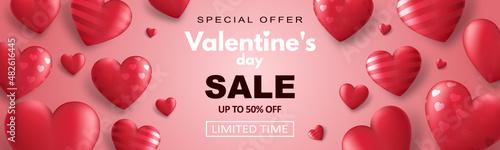 Special offer Valentine's day sale banner with red 3d hearts and advertising discount text decoration. Vector illustration.