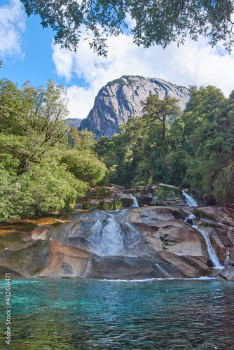Waterfall in cochamó. La Junta slides in the mountains, Chile.