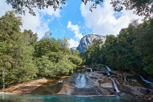 Waterfall in cochamó. La Junta slides in the mountains, Chile.