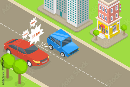 3D Isometric Flat Vector Conceptual Illustration of Angry Car Driver , Honking Horn for no Reason