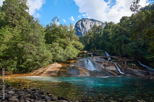 Waterfall in cochamó. La Junta slides in the mountains, Chile.