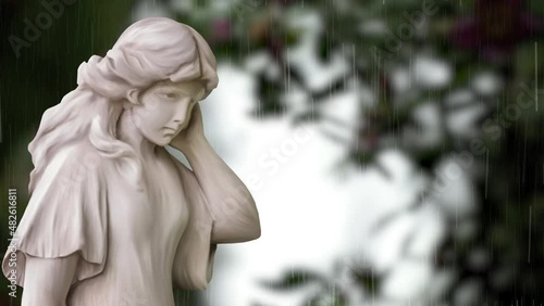 animation of marble woman statue under rain