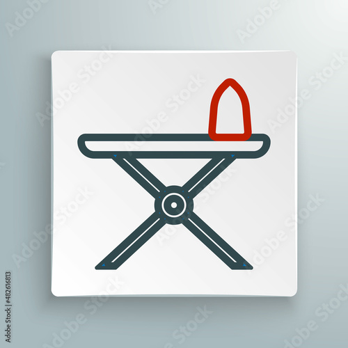 Line Electric iron and ironing board icon isolated on white background. Steam iron. Colorful outline concept. Vector
