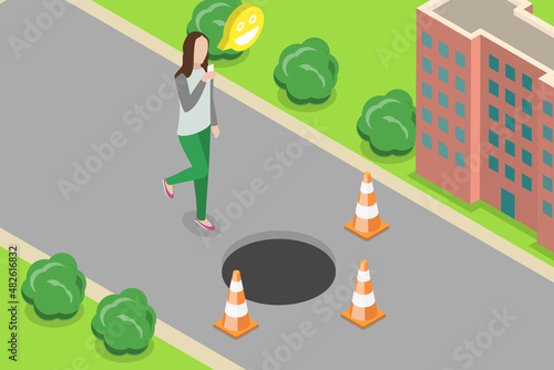3D Isometric Flat Vector Conceptual Illustration of Street Accident, Open Manhole with Red Cones on Sidewalk
