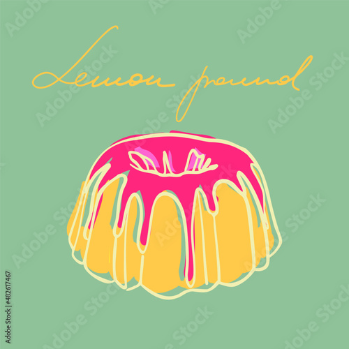 Simple lemon pound cake. Vector illustration on the blue background. Vintage retro style. Fruit yellow sponge cake with pink strawberry glaze. Cafe menu design. Tasty dessert.
