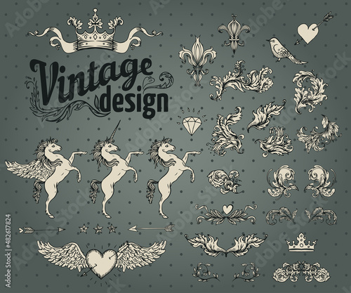 Vintage design elements set. Ribbon with floral decor. Vector illustration.