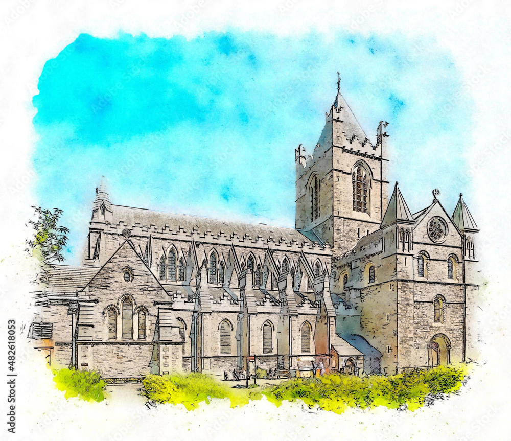Naklejka premium Christ Church Cathedral or Holy Trinity Cathedral Dublin, Ireland, watercolor sketch illustration.