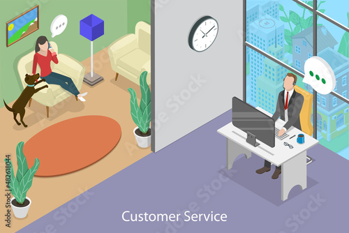 3D Isometric Flat Vector Conceptual Illustration of Customer Service Call, Specialist Solves Clients Problem Online