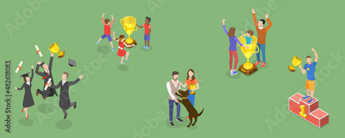 3D Isometric Flat Vector Conceptual Illustration of Set of Winners with Trophies, Successful Teamwork and Goal Achievement
