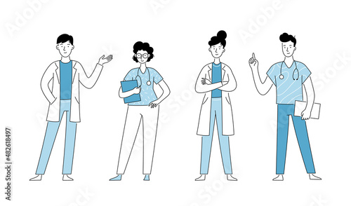 Medical doctor doodle line character set. Doctor team. Medical staff doctor and nurse group. Vector illustration isolated.