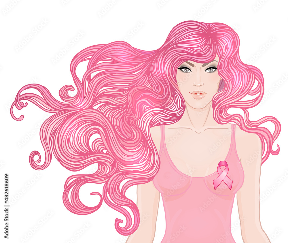 October: Breast Cancer Awareness Month, annual campaign to increase awareness of the disease. Woman with breast cancer awareness pink ribbon, vector illustration health, medicine, beauty concept October: Breast Cancer Awareness Month, annual campaign to increase awareness of the disease. Woman with breast cancer awareness pink ribbon, vector illustration health, medicine, beauty concept