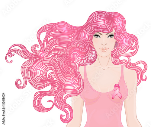 October: Breast Cancer Awareness Month, annual campaign to increase awareness of the disease. Woman with breast cancer awareness pink ribbon, vector illustration health, medicine, beauty concept