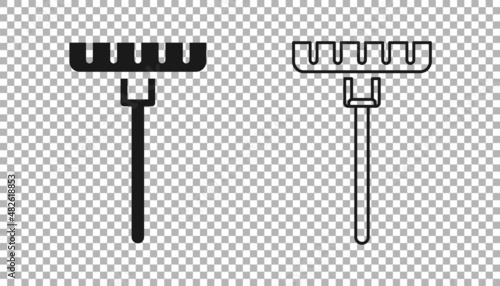 Black Garden rake icon isolated on transparent background. Tool for horticulture, agriculture, farming. Ground cultivator. Housekeeping equipment. Vector