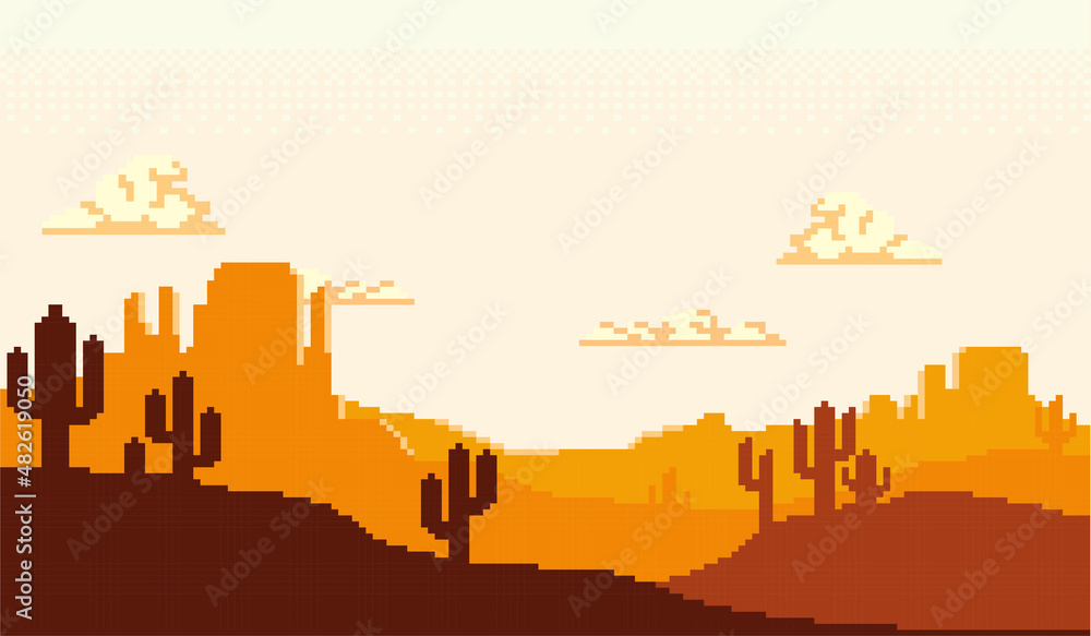 vector graphic illustration of pixel art desert atmosphere in the afternoon when the sun is going down and there is a shadow of a cactus tree

