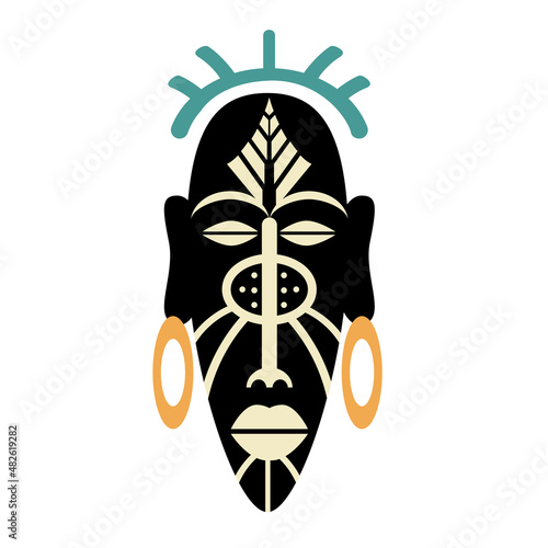African tribal mask. Flat colorful icon isolated on white. Vector illustration.