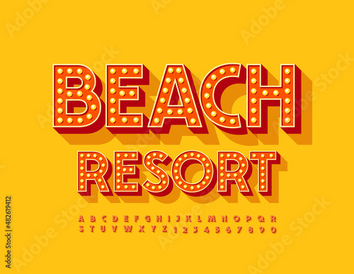 Vector vinatge style emblem Beach Resort. Elegant Retro illuminated Alphabet Letters and Numbers set. Old fashioned Font with Lamps
