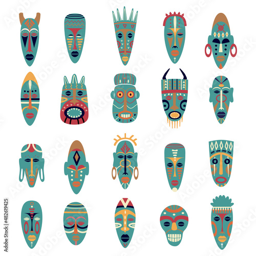 African tribal mask. Collection of flat colorful icons. Isolated on white. Vector illustration. © NNENASTUDIO