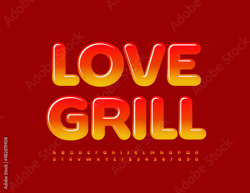 Vector tasty banner Love Grill. Flame color gradient shiny Font. Bright Alphabet Letters and Numbers set