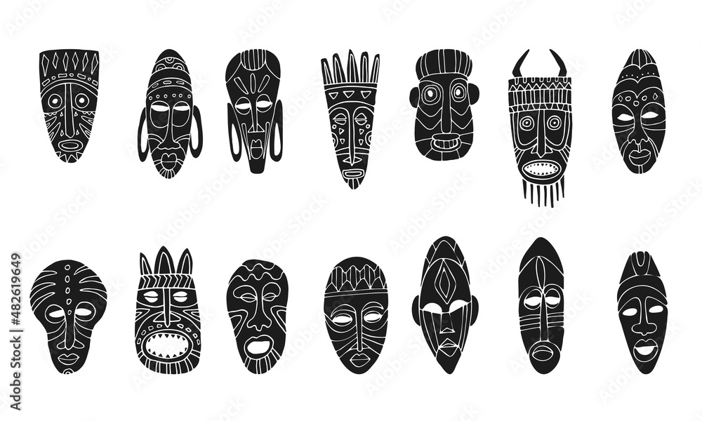 African tribal mask. Collection of different masks. Doodle style image