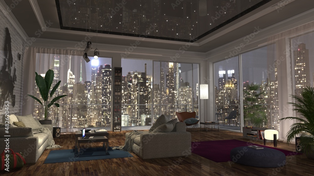 Living room loft New York night big city view luxury interior penthouse design with couch and notebooks modern style 3d rendering illustration graphic in high resolution for print, web and business - obrazy, fototapety, plakaty 