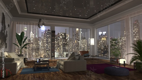 Living room loft New York night big city view luxury interior penthouse design with couch and notebooks modern style 3d rendering illustration graphic in high resolution for print, web and business photo