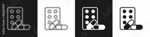 Set Sports doping, anabolic drugs with dumbbell icon isolated on black and white background. Anabolic steroids tablet. Pills in jar. Vector