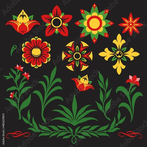 Colorful flowers and twigs on black background