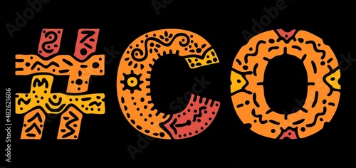 CO Hashtag. Multicolored bright isolate curves doodle letters. Hashtag #CO is abbreviation for the US American state Colorado for social network, web resources, mobile apps.