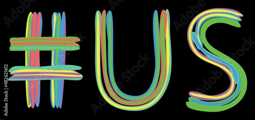 US Hashtag. Multicolored bright isolate curves doodle letters. Hashtag #US is abbreviation for the United States of America for social network, web resources, mobile apps.