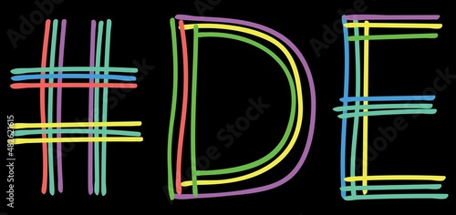 DE Hashtag. Multicolored bright isolate curves doodle letters. Hashtag #DE is abbreviation for the US America state Delaware social network, web resources, mobile app.
