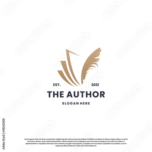 classic writer logo design. author logo feather with book combination.Print